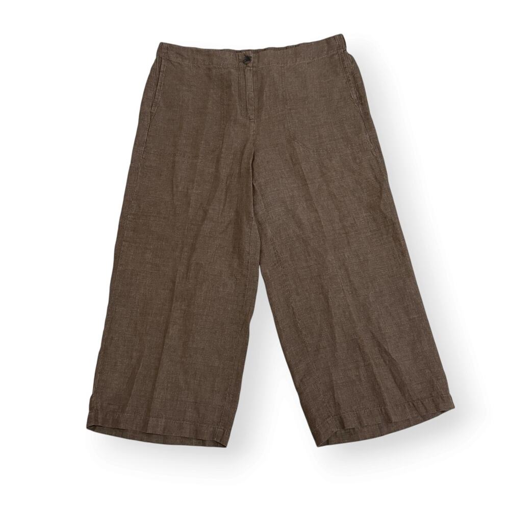 J. Jill Love Linen Wide Leg Cropped Pants M Petite Brown Flat Front Pockets Zip